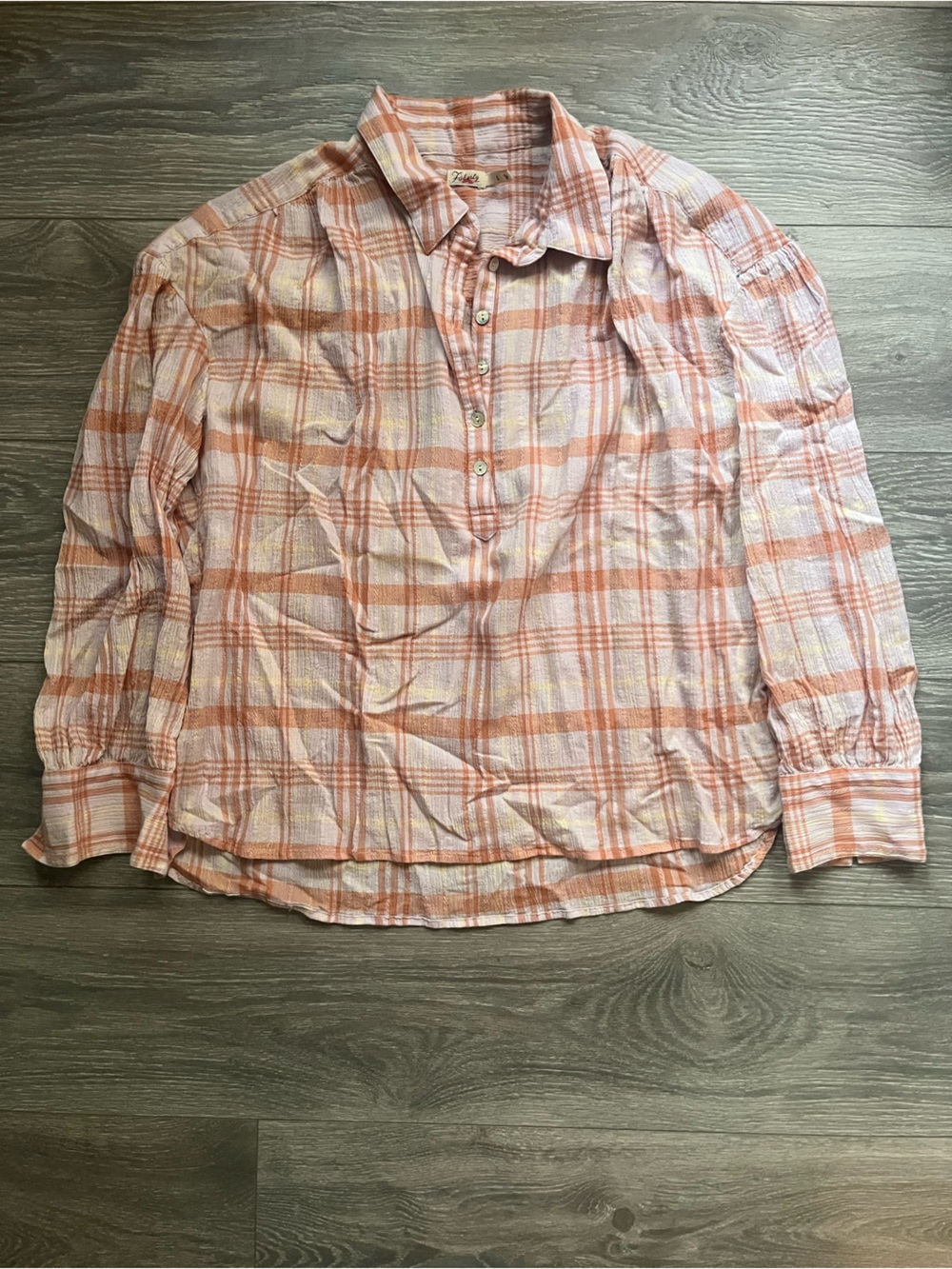 Faherty Purple Orange Plaid Long Sleeve Henley Collar Organic Cotton Blend L